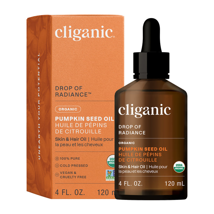 Cliganic Organic Pumpkin Seed Oil, USDA organic and vegan, comes in a 4 fl. oz. (120 mL) bottle with dropper and orange box. This cold-pressed moisturizer hydrates and nourishes skin and hair.