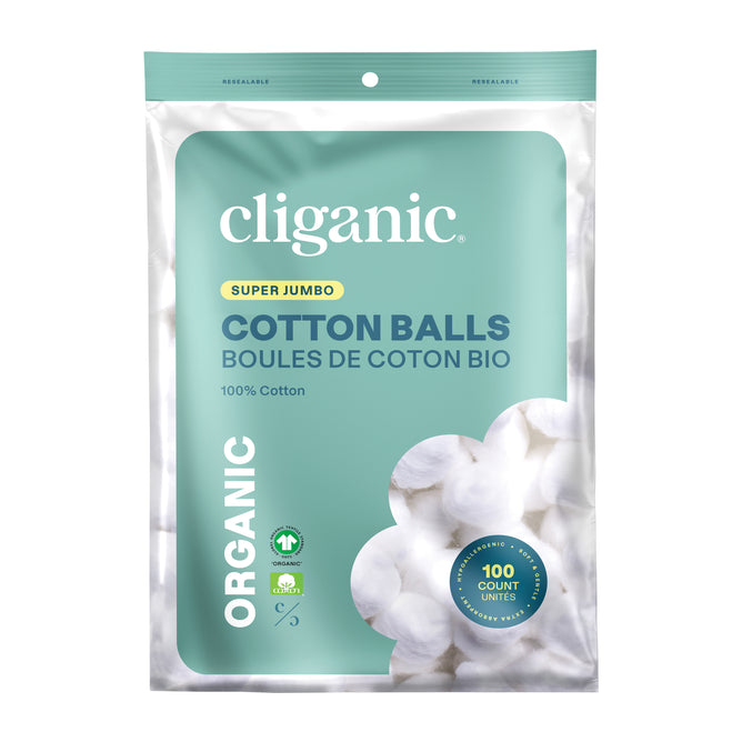 Cliganic Organic Super Jumbo Cotton Balls come in a resealable blue and white pack with jumbo cotton ball images, labeled 100% cotton and hypoallergenic, and contains 100 count.