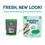 Two bags of Shameless Pets A Cluck A Day Probiotic Dental Stick are shown—old packaging on the left, new on the right. An arrow links them with text: FRESH, NEW LOOK! same shamelessly good treats inside!.