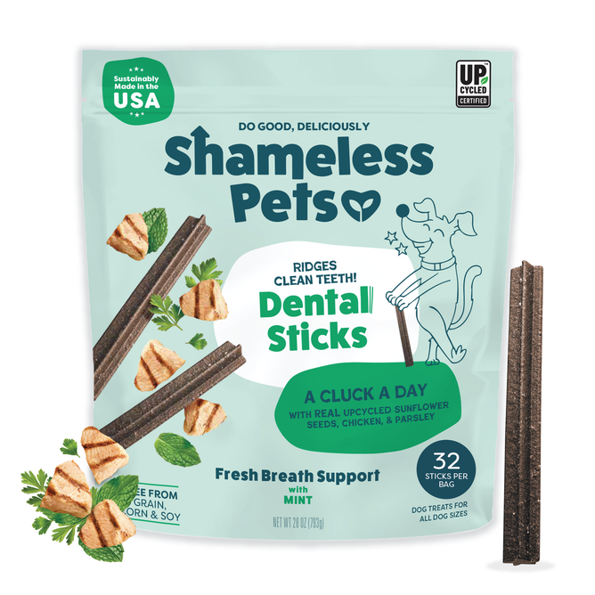 Shameless Pets A Cluck A Day Probiotic Dental Stick for dogs offers 32 mint-flavored chews per bag, featuring upcycled ingredients and fun dog illustrations for healthy teeth.