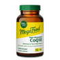 A brown bottle of MegaFood COQ10 200 mg + BioPerine with a yellow and green label, containing 60 capsules. The label highlights heart health, cellular energy, and antioxidant support.