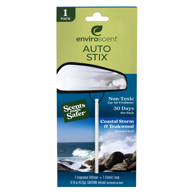 Enviroscent Auto Air Freshener Stix, in Coastal Storm & Teakwood, offers 30-day freshness with a non-toxic, liquid-free formula. Eco-friendly packaging features beach waves and highlights safer scents for your car.