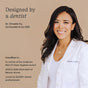 A smiling woman with long dark hair in a white lab coat stands against a beige background. Text introduces her as Dr. Chrystle Cu, dentist and co-founder, highlighting awards for COCOLABs Cocofloss Refill Trios textured dental floss.