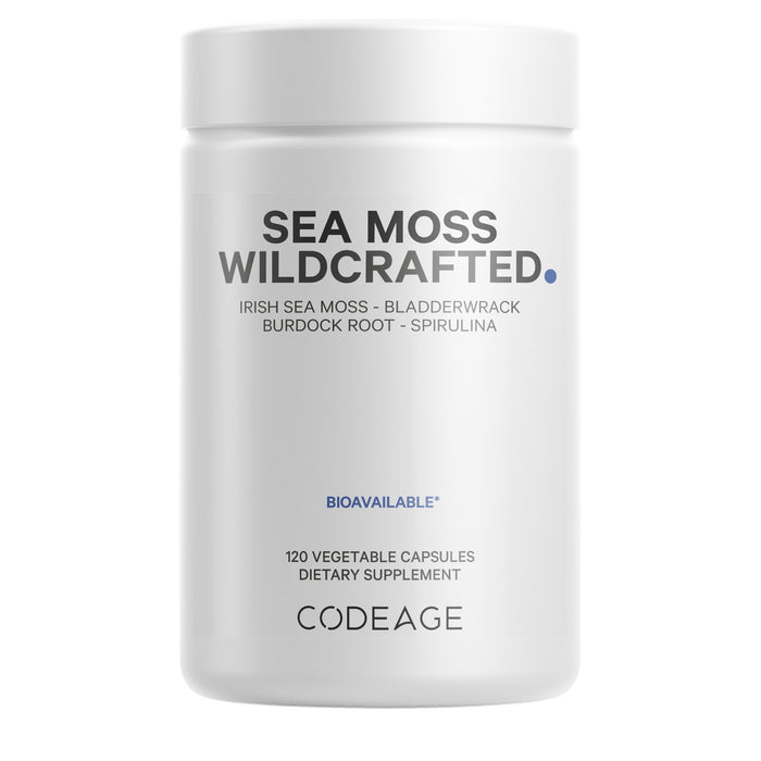 A white container branded Codeages Sea Moss Wild Crafted offers a potent blend of wildcrafted bladderwrack, Irish sea moss, burdock root, and spirulina. It contains 120 vegetable capsules as noted in the dietary supplement label.