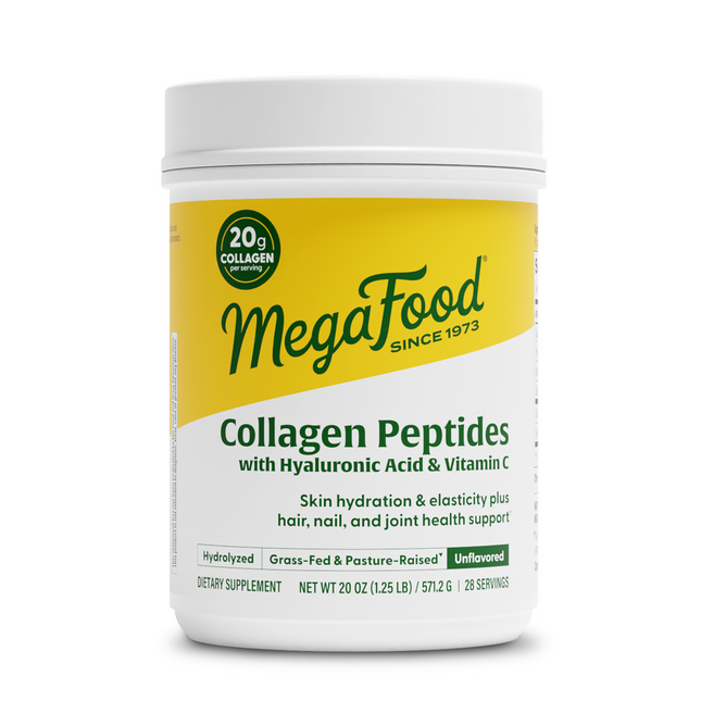 A container of MegaFood Collagen Peptides Unflavored features 20g bovine collagen per serving, plus hyaluronic acid & vitamin C. Grass-fed & pasture-raised. Benefits highlighted on label.