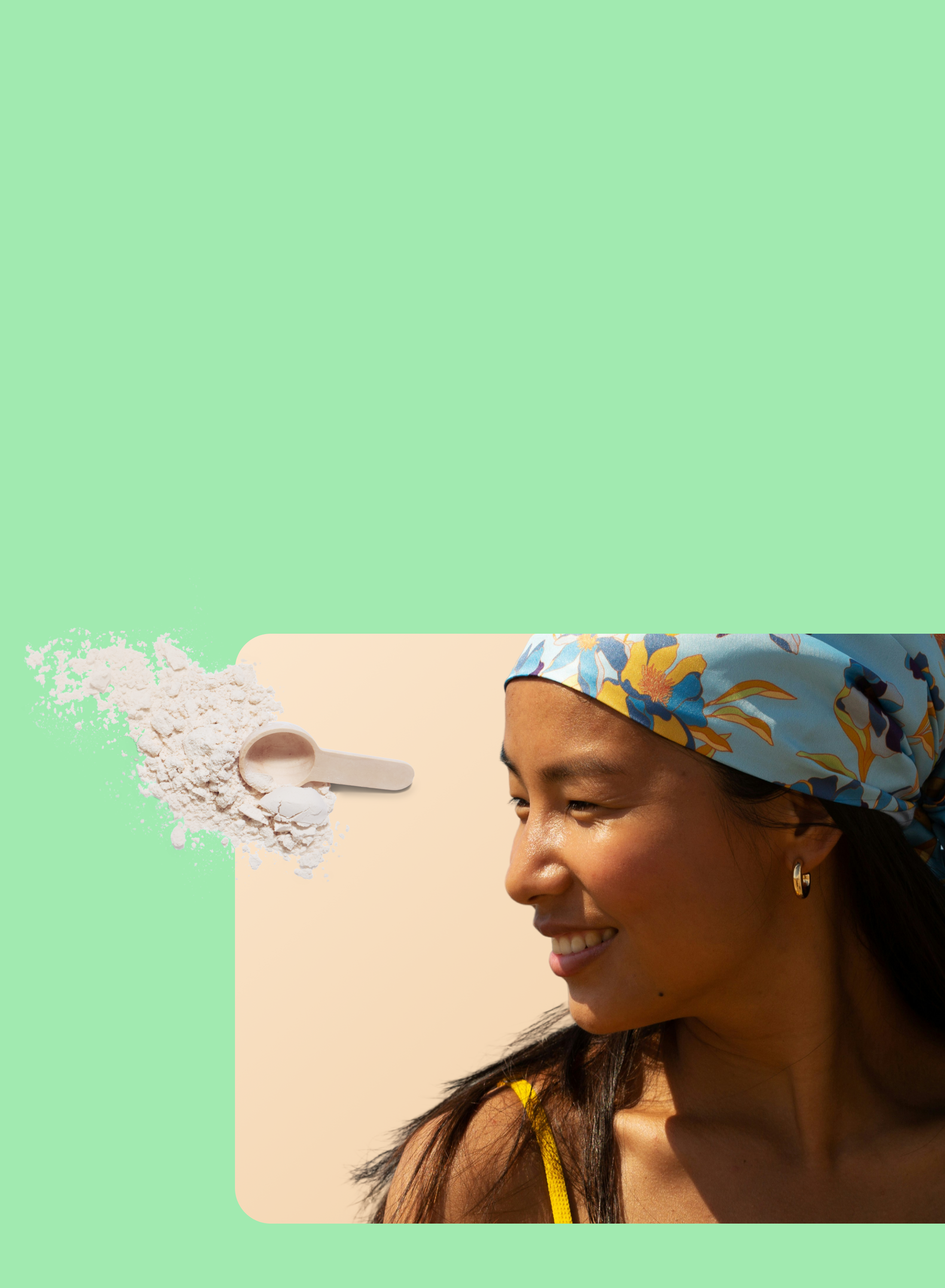 A smiling woman in a floral headscarf and gold hoop earrings is pictured in a rounded square at the bottom right. Beside her, a pile of white powder and a small scoop rest on a pastel green background.