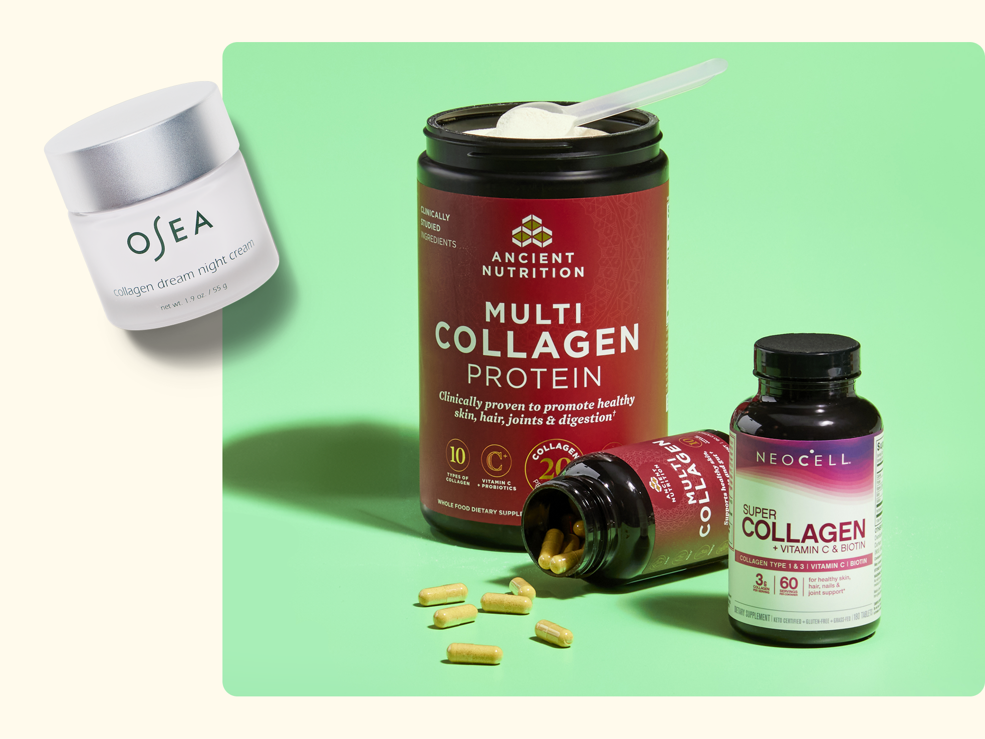 Three collagen supplement products: a white Osea collagen cream jar, a large Ancient Nutrition Multi Collagen Protein canister with a scoop, and a Neocell Super Collagen bottle with pills scattered on a green surface.