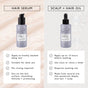 Two UpCircle hair products are featured: on the left is a pump bottle labeled Hair Serum, and on the right is a dropper bottle labeled Scalp + Hair Oil with Bacuri Butter and Castor Oil. Each product’s features are listed below against a beige background, highlighting their natural ingredients from UpCircle that help support healthy hair growth.