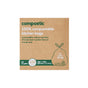 A brown box of Compostic 13 Gallon Home Compostable Trash Bags contains 100 extra-strong, fully compostable bags. The box features green text and a simple tied-bag illustration with the words Im extra strong!.