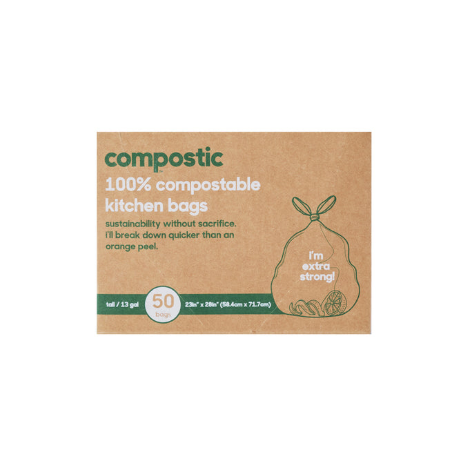 A brown box labeled Compostic 13 Gallon Home Compostable Trash Bags features green and white text, a tied bag illustration, “50 bags,” and “I’m extra strong!”—an eco-friendly alternative to traditional trash bags.