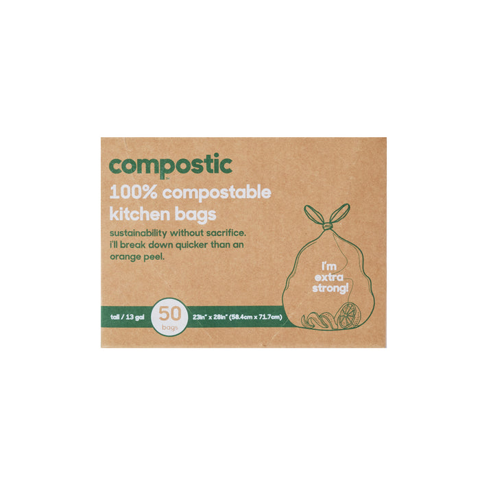 A brown box labeled Compostic 13 Gallon Home Compostable Trash Bags features green and white text, a tied bag illustration, “50 bags,” and “I’m extra strong!”—an eco-friendly alternative to traditional trash bags.