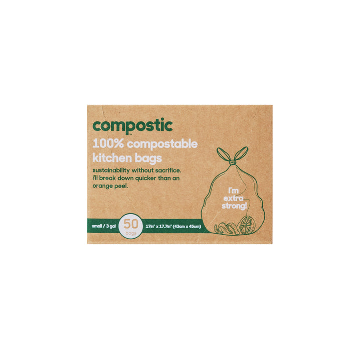A brown box labeled Compostic 3 Gallon Home Compostable Trash Bags features a green outline of a tied bag. Includes 50 strong storage bags that break down naturally and quicker than an orange peel.