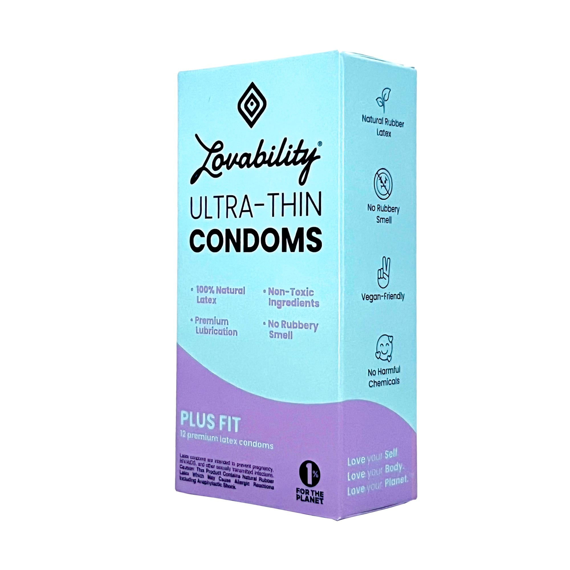 A box of Lovability Ultra-Thin Condoms (Plus Fit) features a chic purple and light blue design, made with body-safe natural latex. They are non-toxic, vegan-friendly, free from harmful chemicals and have no rubbery smell. Proudly bears the One Percent for the Planet logo.