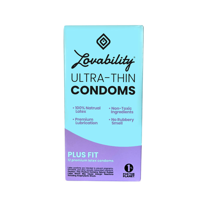 The Lovability Ultra-Thin Condoms (Plus Fit) feature a chic blue and lavender design. Made from vegan latex, these ultra-thin condoms offer premium lubrication, non-toxic ingredients, and are odor-free. The box contains 12 body-safe condoms.