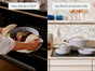 Split image: Left shows hands placing a roast in the oven. Right side features Caraway’s 10.5" Ceramic Fry Pan and white non-stick cookware on a stovetop, highlighting their compatibility with various cooktops.