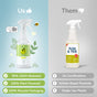 Comparison of two spray bottles: Left shows kin+kinds Pet Flea & Tick Protect Spray for Dogs in a green bottle labeled USDA Biobased, plant-powered, cruelty free, recycled packaging. Right shows a yellow bottle lacking certifications, using pesticides, and single-use plastic.