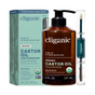 Cliganic Organic Castor Oil includes an 8 oz bottle of cold-pressed Organic Castor Oil with a convenient pump, applicator brush, and comes packaged in a light blue box. The labels highlight its organic certification and emphasize its effectiveness as an eyelash kit for lashes, brows, skin, and hair care.