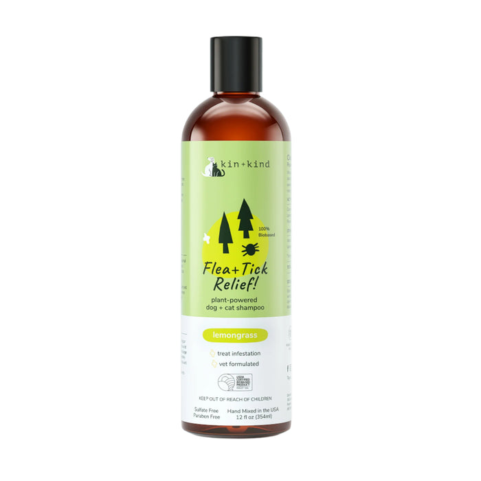 A 12 oz (354 ml) bottle of kin+kind Flea+Tick Protect Shampoo for dogs and cats features a lemongrass scent and USDA organic certification, highlighting plant-powered, vet-formulated ingredients for effective flea and tick control.