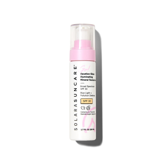 A white and pink bottle of Solara Suncare Vacation Glow Illuminating Daily Moisturizer SPF 30 with a pump dispenser is shown against a plain white background—perfect for sensitive skin.