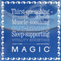 A splash of water in a glass with bold white text: Thirst-quenching, Stress-melting, Muscle-soothing, Gut health-loving, Sleep-supporting—Magic Magnesium Citrate by Wooden Spoon Herbs with hydrating electrolytes shines on a blue background.
