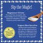 A wooden spoon holds blue powder beside text highlighting Magic Magnesium Citrate by Wooden Spoon Herbs—featuring hydrating electrolytes and organic blue spirulina benefits—on a wavy blue and white background. A yellow badge says, Tasty Blue Spirulina Lemonade Formula.
