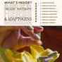 A hand holds Brain Bloom Capsules by Wooden Spoon Herbs above a yellow flower. Text highlights an adaptogenic blend of 8+ organic nootropic herbs, like bacopa, lion’s mane, rhodiola, and more to support cognitive function.