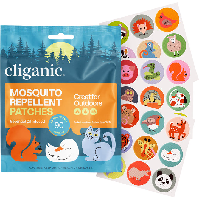 A pack of Cliganic Mosquito Repellent Patches - Essential Oil Infused, featuring cartoon animal designs on the packaging and two sticker sheets with various cute animal faces in colorful circles, providing gentle, DEET-free mosquito protection for kids.