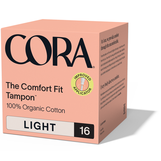A peach box of Cora The Comfort Fit Tampon with Applicator—100% Organic Cotton, BPA-free; Light absorbency, 16 count. Features a compact applicator and leak-protection sticker.
