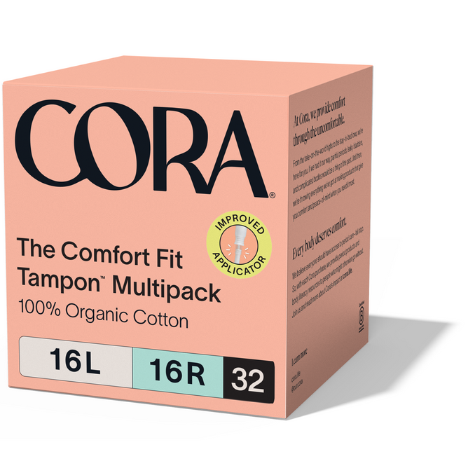 A pink Cora box labeled The Comfort Fit Tampon with Applicator – 100% Organic Cotton, BPA-Free Applicator, 16L, 16R, 32 count, featuring a green "Improved Compact Applicator" badge for superior leak protection.