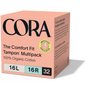 A pink Cora box labeled The Comfort Fit Tampon with Applicator – 100% Organic Cotton, BPA-Free Applicator, 16L, 16R, 32 count, featuring a green "Improved Compact Applicator" badge for superior leak protection.