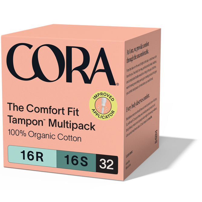Cora’s Comfort Fit Tampon with Applicator Multipack includes 32 tampons (16 Regular, 16 Super) made with 100% organic cotton and a BPA-free compact applicator, plus an “Improved Applicator” badge on the pink box for reliable leak protection.