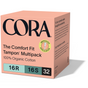 Cora’s Comfort Fit Tampon with Applicator Multipack includes 32 tampons (16 Regular, 16 Super) made with 100% organic cotton and a BPA-free compact applicator, plus an “Improved Applicator” badge on the pink box for reliable leak protection.