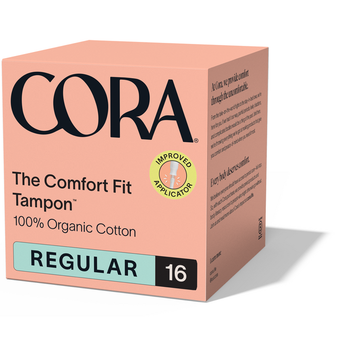 A 16-count box of Cora The Comfort Fit Tampon with Applicator – 100% Organic Cotton, BPA-Free Applicator, regular absorbency, features enhanced leak protection in peach packaging with black and teal text and an improved compact applicator.
