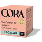 A 16-count box of Cora The Comfort Fit Tampon with Applicator – 100% Organic Cotton, BPA-Free Applicator, regular absorbency, features enhanced leak protection in peach packaging with black and teal text and an improved compact applicator.