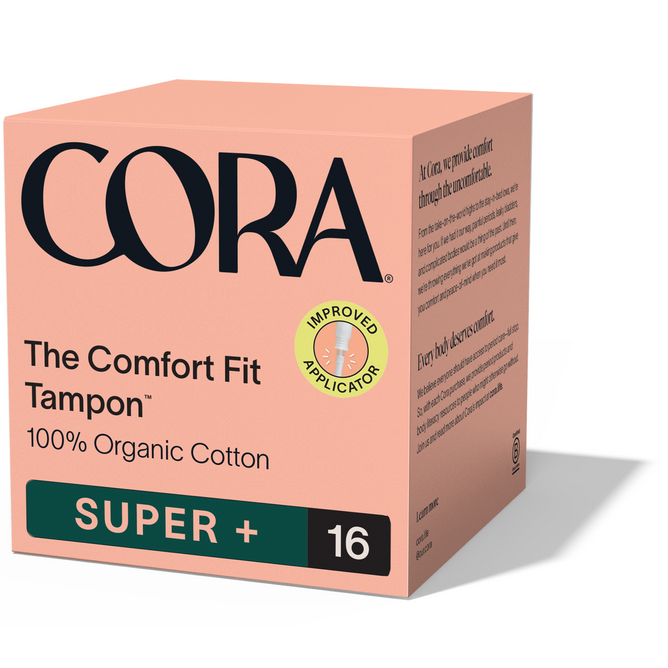 A pink box of Cora The Comfort Fit Tampon with Applicator—100% organic cotton, BPA-free applicator—contains 16 super plus absorbency tampons. Features bold black/green text and an improved compact applicator badge.