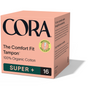 A pink box of Cora The Comfort Fit Tampon with Applicator—100% organic cotton, BPA-free applicator—contains 16 super plus absorbency tampons. Features bold black/green text and an improved compact applicator badge.