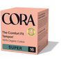 A box of Cora The Comfort Fit Tampon with Applicator – 100% Organic Cotton, labeled “Super” absorbency with 16 tampons, features a peach design, black text, and a green “Improved Compact Applicator” sticker for leak protection.