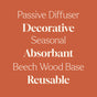 Text on an orange background reads: Plant Therapy Pumpkin Passive Diffuser, Decorative, Seasonal, Absorbent, Beech Wood Base, Reusable. Perfect for enjoying your favorite essential oils, this passive diffuser by Plant Therapy adds a festive touch to any room. Some words are bolded for emphasis.