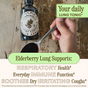 A hand holds a spoonful of dark liquid from a bottle labeled Elderberry Lung Support Tonic by Wooden Spoon Herbs. Text notes immune health, respiratory support, and soothing dry coughs. FDA disclaimer is shown.