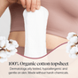 A person holds a cotton pad near their waist. Text reads: Cora Got-You-Covered Pantyliners – Light Absorbency feature a 100% organic cotton topsheet and breathable liner. Dermatologically tested, hypoallergenic, and gentle on skin—made without harsh chemicals. Cotton flowers are in the corners.