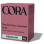 A pink box labeled Cora Got-You-Covered Pantyliners – Light Absorbency, featuring black and teal text, highlights these breathable liners designed for everyday comfort.