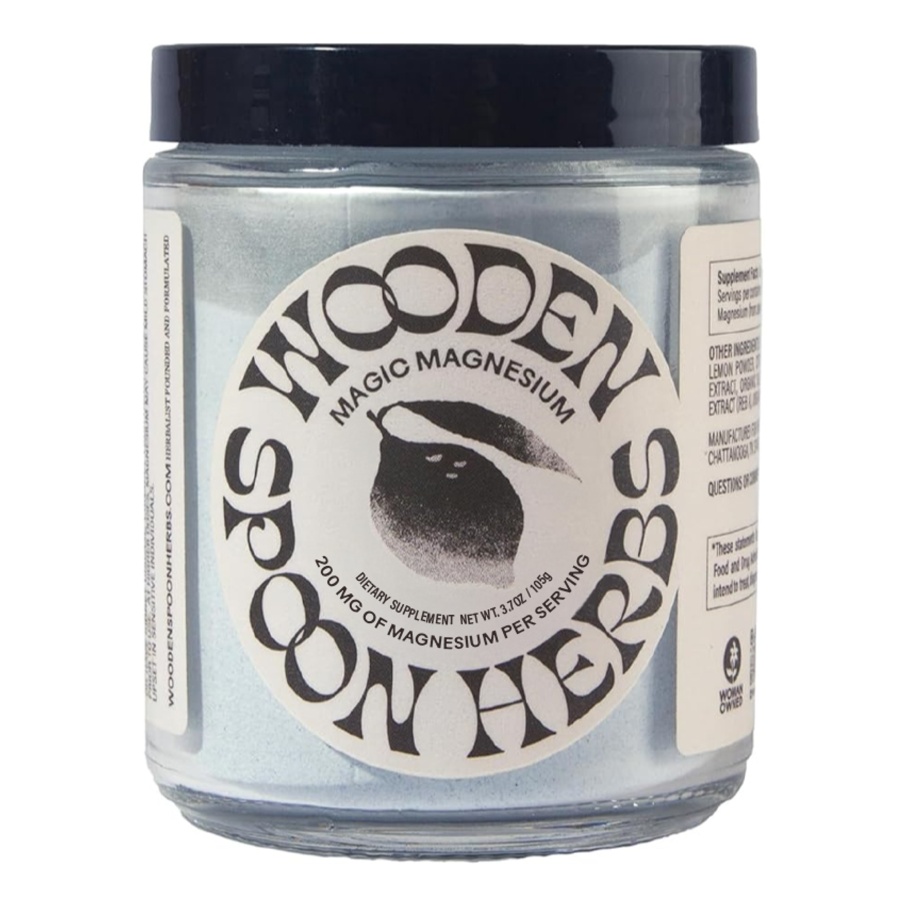A clear jar labeled Wooden Spoon Herbs Magic Magnesium Citrate with a black-and-white design, containing powdered magnesium citrate supplement for gut health. The label states 200 mg magnesium per serving.