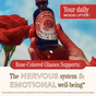 A hand holds a Wooden Spoon Herbs Rose-Colored Glasses Tincture bottle near a red rose. Text highlights mood lifting, stress support, and nervous system health. Small print gives FDA disclaimer for this dietary supplement and mood booster.