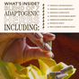 A hand holds clear Stress Savior Capsules by Wooden Spoon Herbs near a yellow flower. Text lists seven adaptogens: Organic Ashwagandha, Eleuthero Root, Cordyceps, Schisandra Berry, American Ginseng Root, Rhodiola Root, and Red Chinese Ginseng Root.