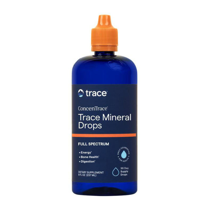 A blue bottle of ConcenTrace Trace Mineral Drops by Trace Minerals, featuring an orange dropper cap. The label notes support for energy, bone health, and digestion. Contains a 96-day supply of natural trace minerals.
