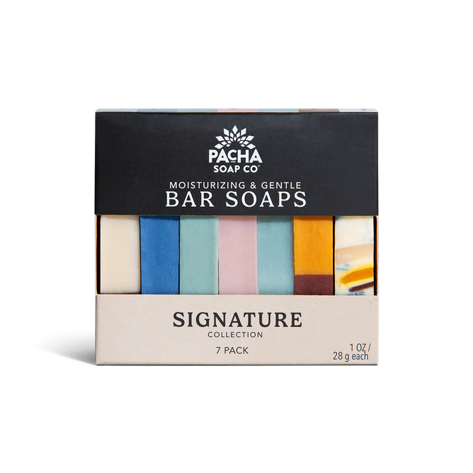 A handcrafted Pacha Soap Co. "Bar Soap, Pacha Peaces" variety pack featuring seven moisturizing, gentle bars in assorted colors, with packaging showing the product name and details.