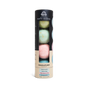 A cylindrical Pacha Soap Co. Froth Bomb, Pacha Peaces variety pack with four colorful bath bombs—Santal & Amber, Vanilla Sage, White Blossom & Fig—stacked vertically. The label highlights their handcrafted blends.