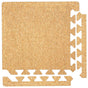 The Yoloha Yoga Cork Floor Mat features a square design with puzzle-like interlocking edges, shown here with two edge pieces detached and positioned to the right and bottom to reveal the connection tabs. Made from non-toxic materials, this sustainable mat is an ideal flooring solution for eco-friendly spaces.