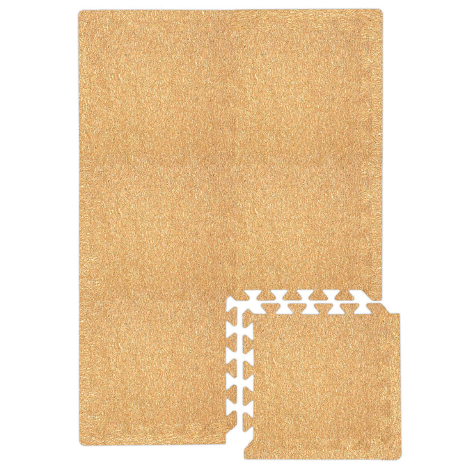 A set of light brown interlocking Cork Floor Mats by Yoloha Yoga, with one mat partially separated to display the puzzle-like connecting edges, ideal as non-toxic gym flooring or a versatile alternative to traditional cork floor mats.