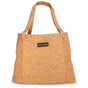A stylish Cork Tote Bag by Yoloha Yoga, featuring two handles, a front YOLOHA label, and a convenient yoga mat holder, displayed against a white background.